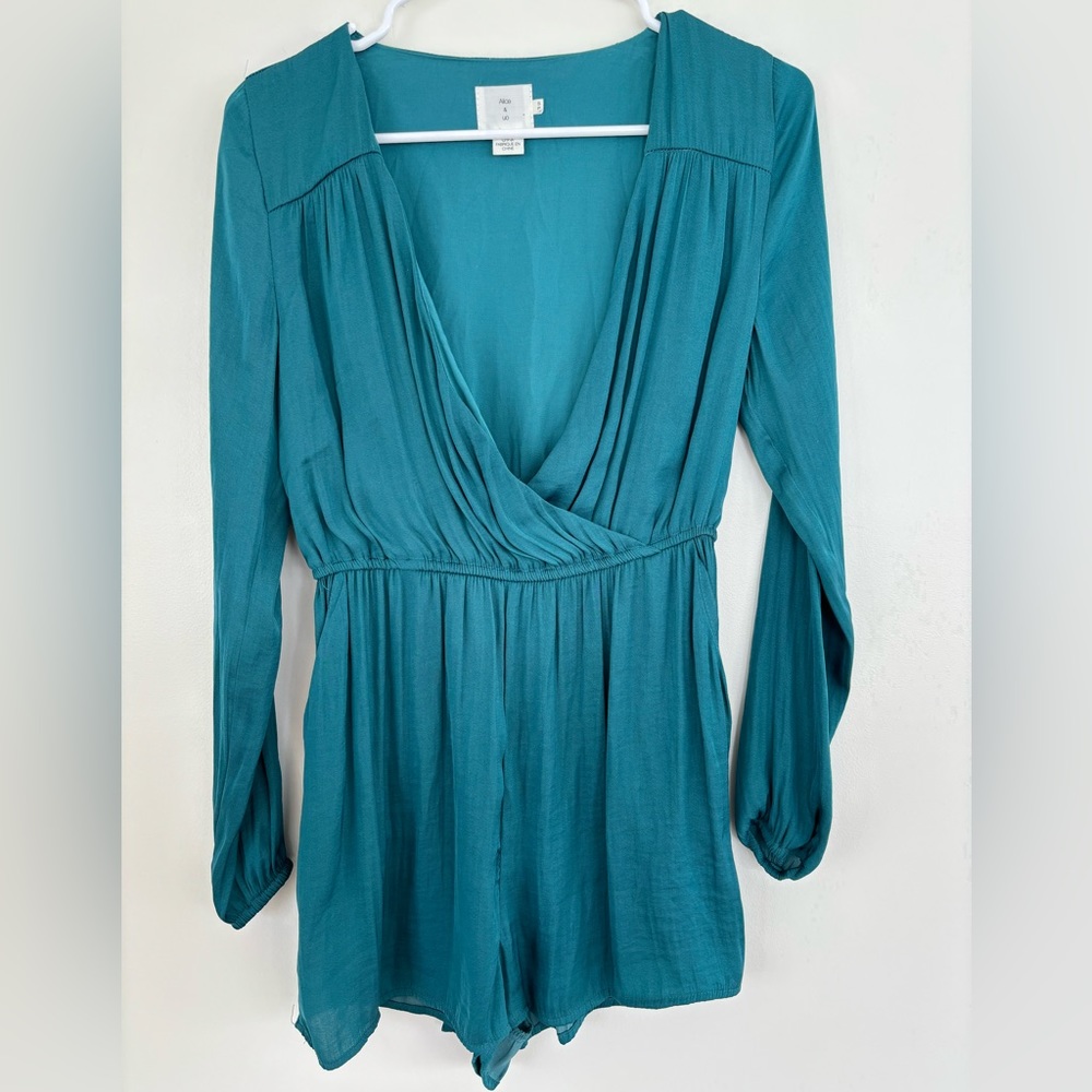 Alice & Urban Outfitters Demy Long-Sleeve Satin Romper Teal Size‎ Small Petite